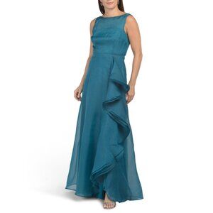 JS COLLECTIONS Teal Sleeveless Cascading Ruffle Gown